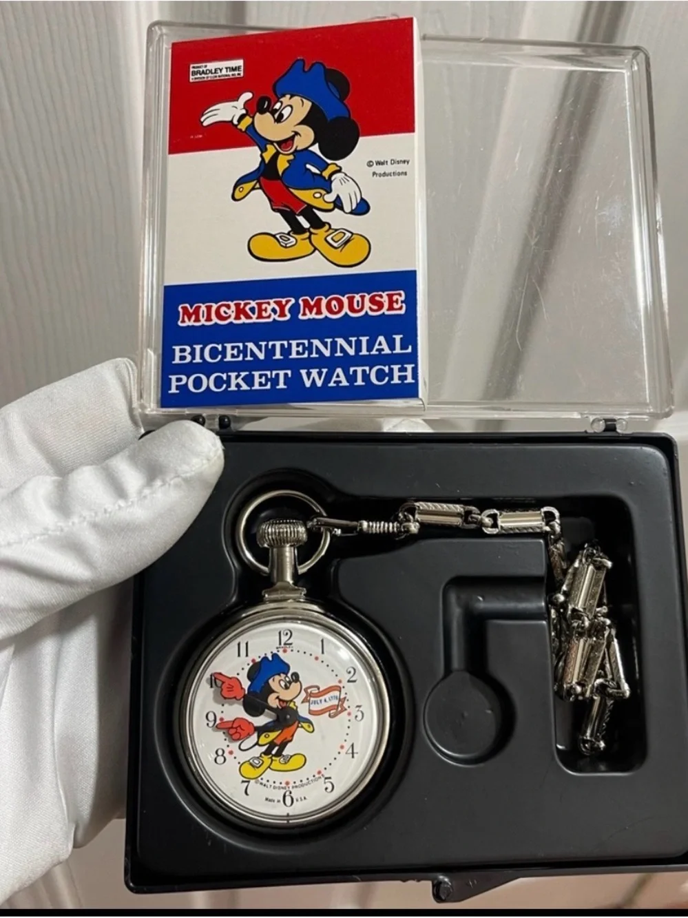 Disney Mickey Mouse Silver Pocket Watch with Red, Blue, Yellow Accents